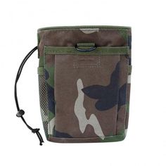 a camo pouch with a black cord hanging from the front and two pockets on the side