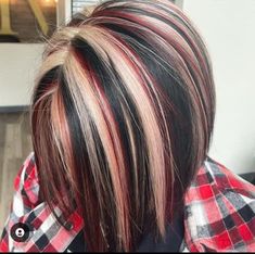 Blonde Red Black Highlights, Red Black And Blonde Hair Color Ideas, Blonde Red Black Hair, Calico Hair Color Short, Blonde Red And Black Hair, Red Black And Blonde Hair, Brown Hair With Red And Blonde Highlight, Chunky Highlights For Brown Hair