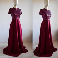 two pictures of a dress on display in front of a white wall and one is wearing a red gown with sequins