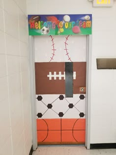 a door decorated to look like a football field with the words welcome to our team on it