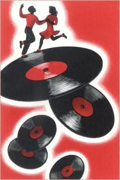 an advertisement for the record company with two people running on top of old vinyl records