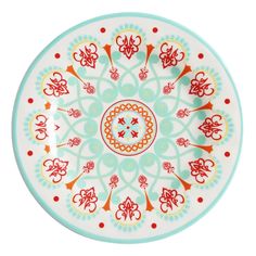 a decorative plate with red and blue designs on the rim, set against a white background