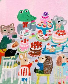 a painting of some animals and cakes on a table