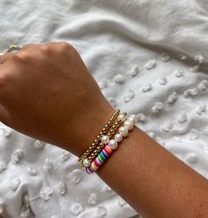 Made with freshwater pearls and 14K gold plated beads. Gold Pearl Beaded Bracelets With Letter Beads, Gold Pearl Beaded Bracelets With Colorful Beads, Trendy Gold Pearl Beaded Bracelets, Gold Pearl Bracelets With Colorful Beads, Gold Pearl Bracelet With Colorful Beads, Bracelet Rainbow, Rainbow Pearl, Daughter Love, Initial Necklace