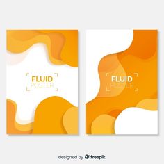 two flyers for fluid poster with orange and white shapes on the front, back and sides