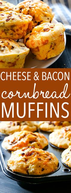 cheese and bacon cornbread muffins on a baking sheet with text overlay