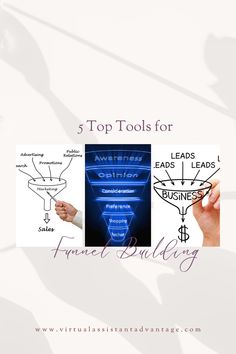 the top tools for funnel builder with text overlaying it and images of hand writing