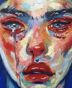 an oil painting of a woman's face with tears on her eyes and nose