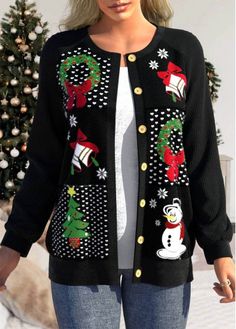 Color:Black;Size:S;Size:M;Size:L;Size:XL;Package Contents:1 X Coat;Occasion:Other;Style:Casual; Patchwork Christmas, Christmas Cardigan, Long Sleeve Coat, Trendy Tops For Women, Coat Style, Christmas Print, Long Sleeves Coats, Christmas Fashion, Outerwear Coats