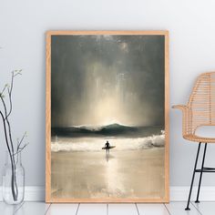 a painting of a person on a surfboard in the ocean under a cloudy sky