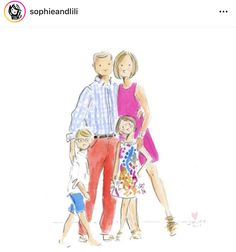 a watercolor drawing of a family standing together