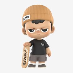 a cartoon character holding a skateboard in one hand and wearing a beanie on the other