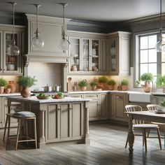 a kitchen filled with lots of furniture and potted plants on top of the counters