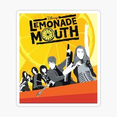 the lemonade mouth sticker is shown in front of an orange background with people holding instruments