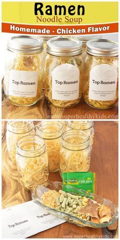 homemade chicken flavored ramen noodle soup in glass jars with labels on them