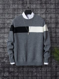 Men Color Block Sweater Without Shirt | SHEIN Stylish Hoodies, Sweater For Men, Cool Outfits For Men, Pull Sweat, Pullover Shirt, Color Block Sweater, Softest Sweater, Mode Inspiration