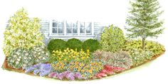 a drawing of a garden with flowers and trees