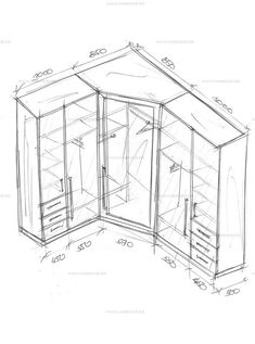 a drawing of an open closet with drawers and cupboards on the bottom, side view