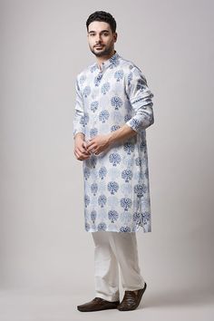 Ivory kurta with hand block print in modal satin base. Paired with a pant. - Aza Fashions White Straight Kurta With Kalamkari Print, Festive White Printed Kurta, Cotton Kurta In Off White With Naqshi Detail, Off White Cotton Kurta With Naqshi Detailing, Traditional White Block Print Kurta, White Cotton Traditional Wear With Block Print, White Ikat Print Traditional Wear For Diwali, White Cotton Kurta With Ikat Print, Festive White Block Print Kurta