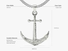 an anchor pendant is shown with measurements for the size and width, as well as how to