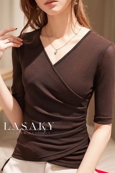 Lasaky - High-Quality Womens Cross V-Neck Underlayer Tee Shirt Featuring Five-Quarter Sleeves Style Definition, Coffee Color, Black Coffee, Shirts & Tops, White Green, Black Long Sleeve, Deep Blue, Eos, T Shirt Top