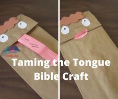 a paper bag with the words taming the tongue bible craft on it and an image of a man's face