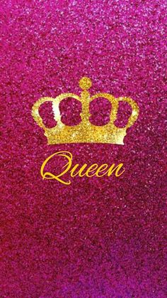 the word queen with a gold crown on it's purple glitter background, as well as