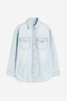 Loose-fit shirt in lightweight denim. Collar  buttons at front  and chest pockets with flap and button. Dropped shoulders  long sleeves with button at cuffs  and yoke at back. Rounded hem. Loose Fit Shirts, Suit Shoes, Suits And Jackets, Cardigan Sweater Dress, Cardigan Sweater Jacket, Blouse Pants, Kids Outerwear, Blazer Vest, Maternity Wear