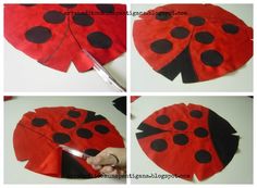 four pictures showing how to make a ladybug paper plate