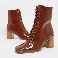 Never Worn, Beautiful Asos Design Rylee Square Toe Lace Up Boots In Tan Patent. The Color Is Burgundy Exactly Like The Pictures. Size Us 5. Next Day Shipping Colored Boots, Leather Western Boots, Leather Heeled Boots, Socks And Heels, Suede Boots Knee High, Trending Boots, Faux Leather Heels, Lace Up Booties, Buckle Boots