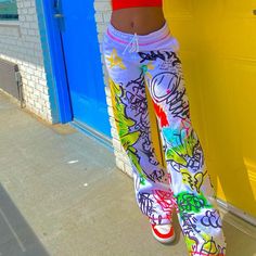 Anime Pants, Tie Dye Decorations, Loose Fitting Pants, Casual Wide Leg Pants, Indie Aesthetic, Printed Wide Leg Pants, Graffiti Prints