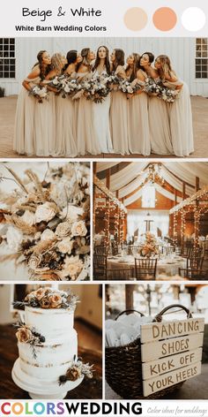 a collage of photos showing different types of wedding cake and flowers, with the words white barn wedding colors