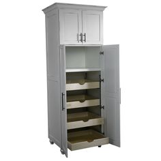 a white cabinet with drawers and shelves on the bottom shelf is open to reveal several items