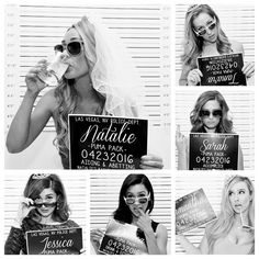 black and white photo collage of brides holding signs