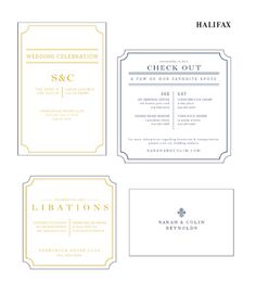 four different wedding stationery cards with gold and silver foil on the front, one in white