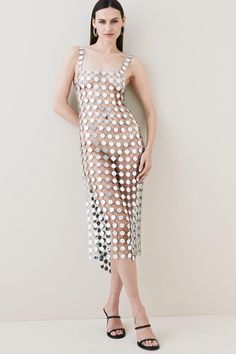 Mirrored Disc Side Split Maxi Dress | Karen Millen Work Christmas Party Dress, Crystal Mesh Dress, Disc Dress, H.e.r Style, Side Split Maxi Dress, Side Split Dress, Minimal Accessories, Beige Heels, Dress Unique