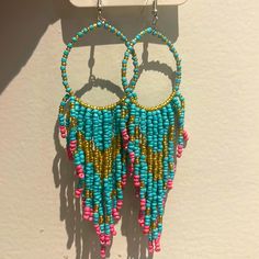 Nwot Beaded Long Drop Earrings Boho Tassel Beaded Drop Earrings With Tassels For The Beach, Beaded Tassel Drop Earrings For Beach, Beach Dangle Chandelier Earrings With Tassels, Dangle Beaded Fringe Tassel Earrings For Beach, Blue Beaded Fringe Tassel Earrings For Festivals, Blue Beaded Fringe Tassel Earrings For Summer, Beaded Fringe Drop Earrings For Beach, Pink Beaded Tassel Earrings For Summer, Pink Tassel Beaded Earrings For Summer