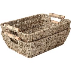 two woven baskets with bamboo handles on white background