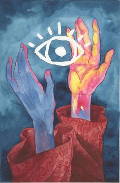 two hands reaching for an eye in the middle of a blue painting with red and orange colors