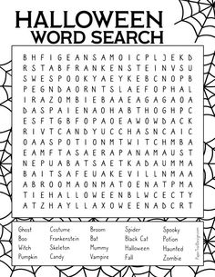 the halloween word search is shown in black and white with spider webs on it