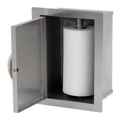 a paper towel dispenser is open to reveal a roll of toilet paper