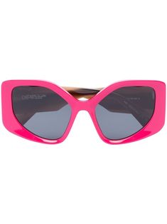 Denver logo-print sunglasses from OFF-WHITE featuring fuchsia pink, acetate, logo print at the arm, grey tinted lenses, UV protection, curved tips, sculptural frame and wide arms. These glasses come with a protective case.. Colourful Sunglasses, Fun Glasses, Frame Logo, Designer Glasses, Havana Brown, Barbie Accessories, Dream Style, Fuchsia Pink