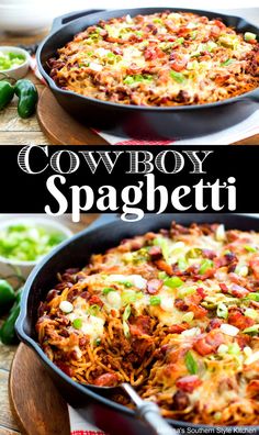 two pictures of cowboy spaghetti in a skillet