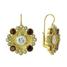 Duchess Of Alba Cubic Zirconia, Garnet and Pearl Earrings Luxury Jeweled Round Earrings, Luxury Round Jeweled Earrings, Gold Jeweled Fine Jewelry Earrings, Gold Multi-stone Earrings As Gift, Gold Multi-stone Earrings For Gift, Byzantine Multi-stone Jewelry As Gift, Luxury Jeweled Earrings Gift, Gold Multi-stone Cubic Zirconia Earrings, Victorian Jeweled Earrings Gift