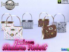 four different colored purses with gold handles on each one and the words, berean madme robert