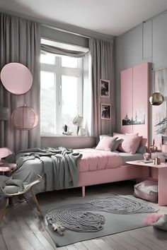 a bedroom with pink and grey decor in the corner, along with a gray rug on the floor