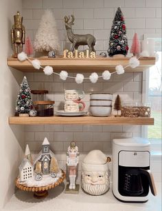 the shelves are decorated with christmas decorations