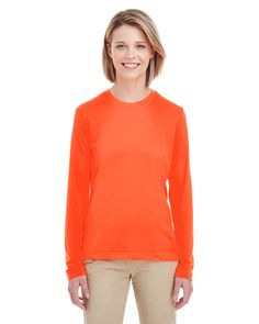 Ladies' Cool & Dry Performance Long-Sleeve Top - BRIGHT ORANGE - S | UltraClub Women's Cool & Dry Performance Long-Sleeve Top in Bright Orange Size Small | Polyester Workout Tops For Women, Blank Apparel, Sweatshirt Fabric, Fabric Collars, Womens Activewear, Bright Orange, Pullover Sweatshirts, Active Wear For Women, Workout Tops