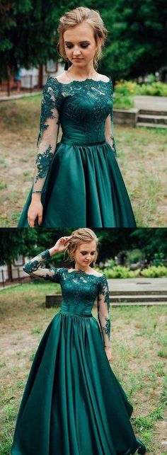 Green Long Sleeves Lace Satin Long Prom Dresses, Green Lace Formal Dre – Shiny Party Dark Green Prom Dress Long, Dark Green Prom Dress, Green Prom Dress Long, Prom Dress Two Piece, Dark Green Prom Dresses, Prom Dress Green, Lace Long Prom Dress, Prom Dress Black, Cheap Gowns