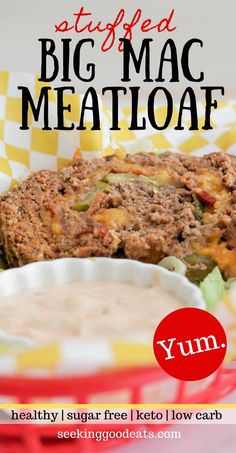 a plate with meatloaf next to a bowl of soup